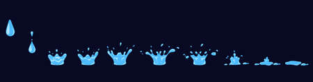 Cartoon water drop splashes and ripples animation sprite sheet. Falling drops and splat effect for games. Raindrop motion vector sequenceのイラスト素材