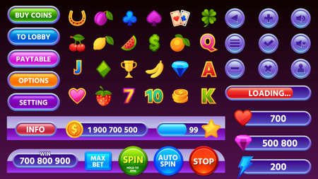 Casino game user interface menu, icons and buttons. Cartoon mobile gamble slot machine gui elements, progress bar and coin panel vector setのイラスト素材