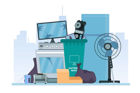 Pile of old broken appliances and electronics, e-waste dump. Destroyed devices in trash can. Electrical garbage recycle, flat vector conceptのイラスト素材