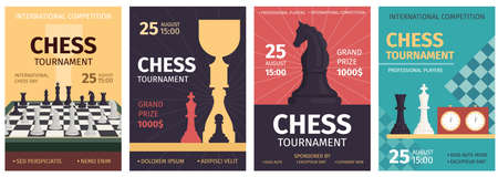 Chess tournament posters with game board and piece silhouettes. Strategy sport competition banners. Chess club match invitation vector setのイラスト素材