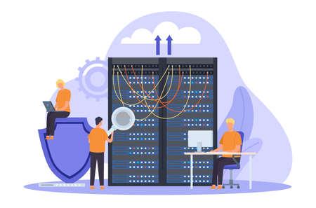 System administrator, server maintain, support and security concept. Cloud network storage technology, sysadmin fixing servers vector bannerのイラスト素材
