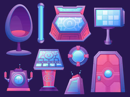Cartoon spaceship control panels, chair, door and porthole. Futuristic furniture. Cosmic ship digital cockpit. Game space station vector setのイラスト素材