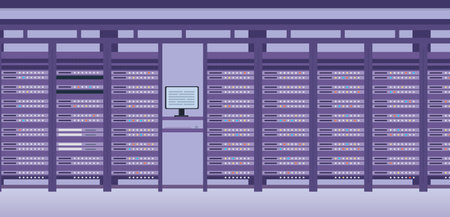 Hosting data center and server system room interior. Flat hardware technology equipment group. Web...