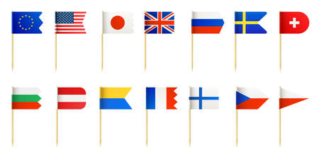 Realistic wood toothpick with little country flags for food decoration. Usa, france, japan, sweden and england miniature 3d flags vector setのイラスト素材