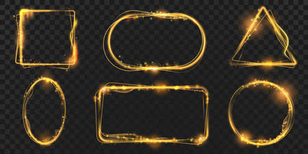 Circle and square frames with golden magic light effects and sparks. Shining rectangle frame with glitter flare. Glowing banners vector setのイラスト素材