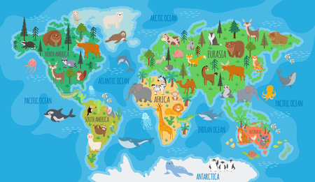 .Cartoon world map for kids nursery with forest animals. Children geography education with europe, asia, australia and america vector posterのイラスト素材