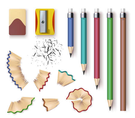 Realistic wooden graphite pencils, sharpener, eraser and shavings. Sharpened pencil sizes, writing and drawing tools. Stationery vector setのイラスト素材