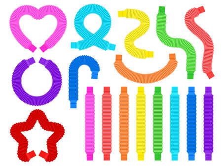 Cartoon pop tubes, trendy fidget plastic toys for kids. Antistress colorful pop pipes for flexible shapes. Children sensory toy vector setのイラスト素材