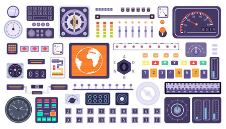Control panel elements, spaceship switches, buttons, dials and screens. Flat retro spacecraft...