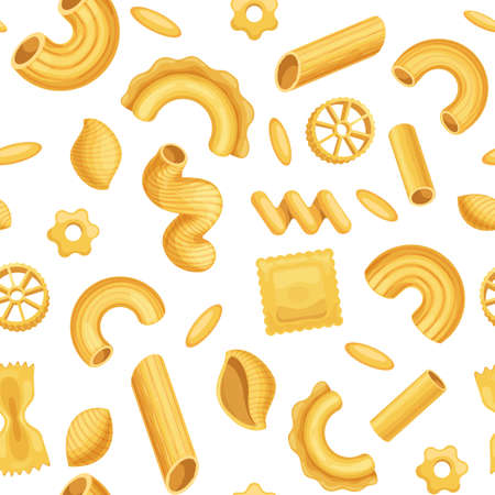 Cartoon italian pasta, dough food seamless pattern. Macaroni, penne, fusilli and spiral shapes. Cuisine cooking wallpaper vector backgroundのイラスト素材