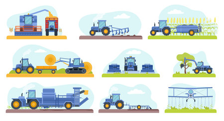 Agricultural machinery work on field, dig soil, water and harvest. Combine machines for cereal crop and corn. Flat farm equipment vector setのイラスト素材