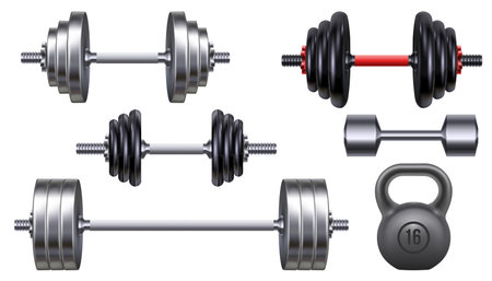 Realistic metal dumbbells, kettlebell and barbell for gym weight training. 3d fitness and bodybuilding exercise iron equipment vector setのイラスト素材