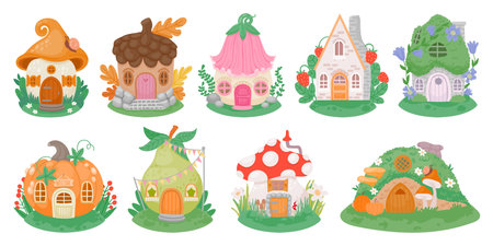 Cartoon little fantasy houses for fairies, elves, gnomes or dwarfs. Mushroom, pumpkin and flower cute fairytale homes in forest vector setのイラスト素材