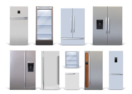 Realistic 3d household and industrial fridges modern designs. Kitchen refrigerators and display...