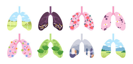 Healthy and unhealthy lungs, tobacco and pollution harm concept. Clear respiratory system with...