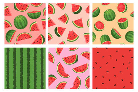 Cartoon watermelon seamless pattern, red texture with seeds. Tropic summer fruit slices and pieces. Watermelon green stripe print vector setのイラスト素材