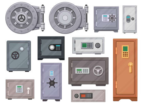 Cartoon metal safe boxes with code locks, bank vault door. Stationary modern safes and locker. Secure cash storage with password vector setのイラスト素材
