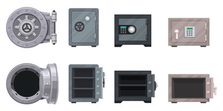 Bank metal vault and safes with open and closed doors. Secure boxes with code locks. Gold and money protection. Empty safe inside vector setのイラスト素材