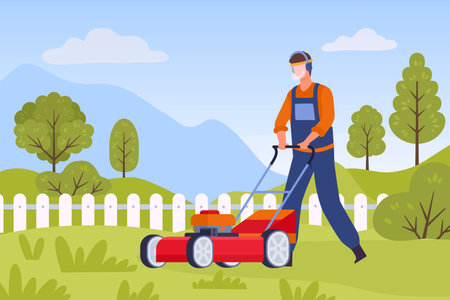 Flat lawn mower service worker character in garden. Man with lawnmower cutting green grass. Back yard maintenance and care vector conceptのイラスト素材