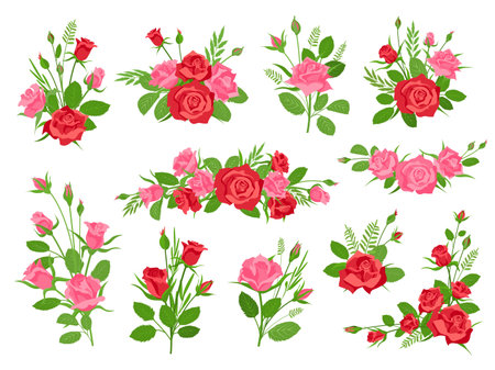 Cartoon pink and red rose floral bouquets with leaves and grass. Vintage romantic bouquet with flowers and buds. Roses decoration vector setのイラスト素材