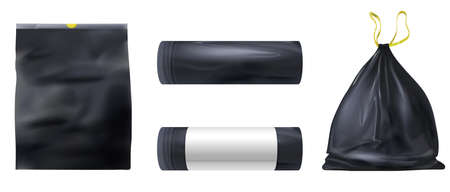 Realistic black plastic garbage bags full of trash and empty. Waste bag roll with paper label mockup. Trash kitchen sack with tie vector setのイラスト素材