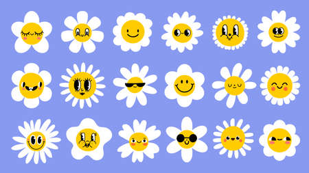 Daisy flowers with cartoon funny smiling faces, chamomile characters. Cute camomile happy emotion. Kids logo design with daisies vector setのイラスト素材
