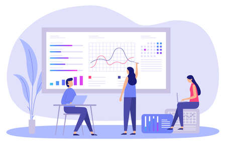 Business marketing strategy. Man and woman analyzing data, making presentation with charts about investmentsのイラスト素材