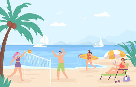 People at beach. Cartoon sea landscape with characters on vacation. People playing volleyball, relaxingのイラスト素材