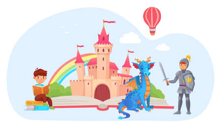 Cute little kid read book about fabulous storyのイラスト素材