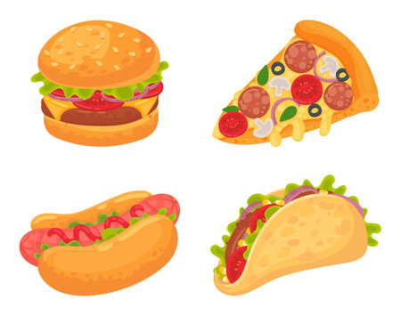 Cartoon fast food meal. Pizza with salami, mushrooms and tomato, burger with grilled meat and vegetablesのイラスト素材