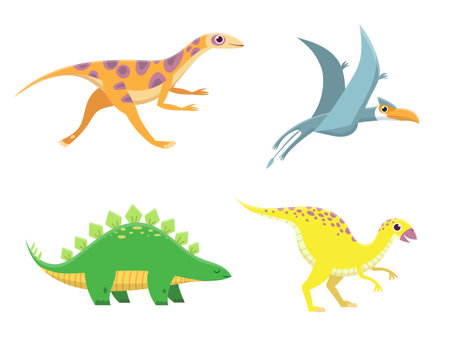 Cute baby dinosaurs. Funny cartoon dino running, standing and flying. Friendly colorful characters for childrenのイラスト素材