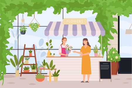 Flower store. Florist standing at counter, customer visiting shop and buying bouquet for holiday. Selling potted houseplantsのイラスト素材