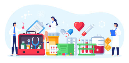 Medical research. Scientists in uniform doing experiments in test tubes and flasks. Inventing medication against diseasesのイラスト素材