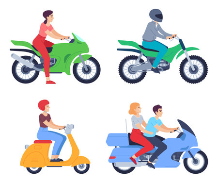 Motorcycle riders. People in helmet on scooter and motorcycle. Female and male characters traveling on motorbikeのイラスト素材