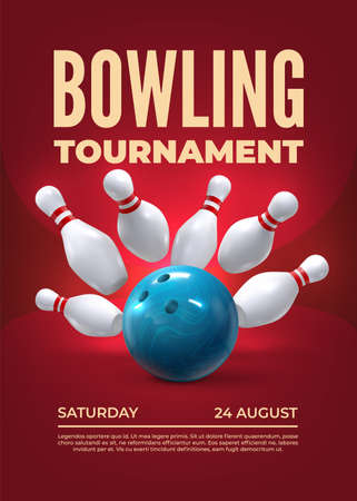 Bowling tournament. Realistic 3D sport tournament elements with skittles and bowling ball. Vector poster templateのイラスト素材