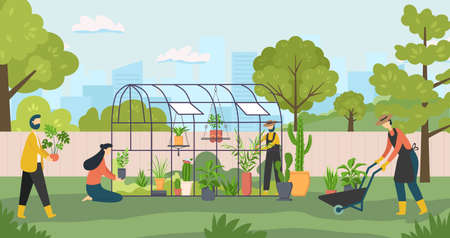 Gardening together, people grow plant on farmのイラスト素材
