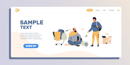 Charity for homeless landing. Charity for poor people web page template with volunteer giving money and food to poor person. Vector illustrationのイラスト素材