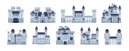 Medieval castles. Cartoon fairytale fortress of old kingdom with stone walls, gate and turret. Vector ancient gothic palace setのイラスト素材