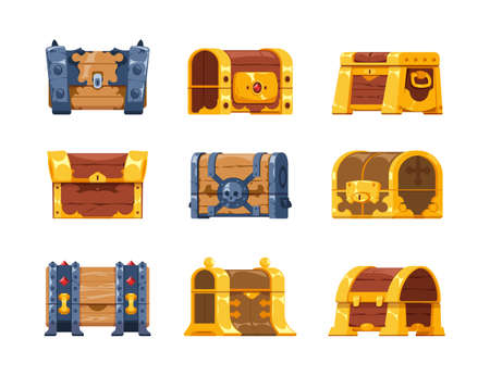 Old chest. Cartoon wooden and metal closed treasure chest, vintage mystery case with iron frames. Vector pirate wooden container isolated setのイラスト素材