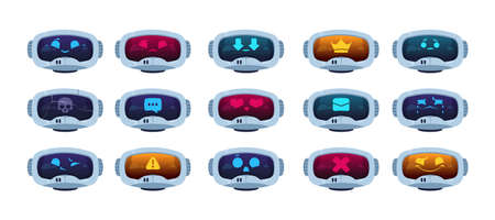 Chat bot face. Cartoon robot head display different emotion, chatbot with artificial intelligence communication concept. Vector setのイラスト素材
