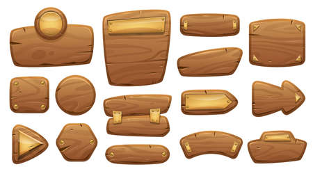 Wooden board sign. Cartoon game interface element, old banner and signboard design, isolated hanging wooden frame. Vector setのイラスト素材