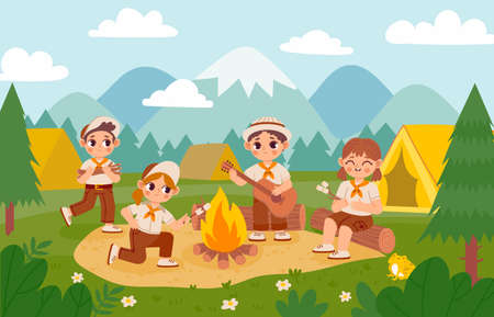 Scout kids by bonfire. Cartoon boys and girls in summer camp with tent, action and adventure on nature. Vector illustrationのイラスト素材