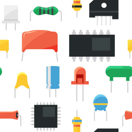 Electronic component pattern. Seamless print with conductor and semiconductor transistor diode capacitor elements. Vector textureのイラスト素材