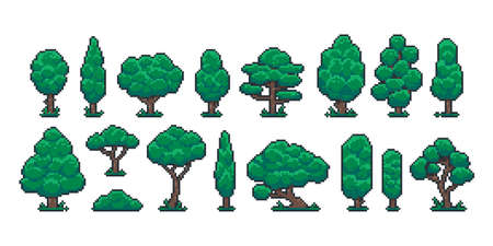 Pixel trees. Cartoon 8 bit retro game nature plant and environment object, video game sprite asset. Vector forest landscape elements isolated setのイラスト素材