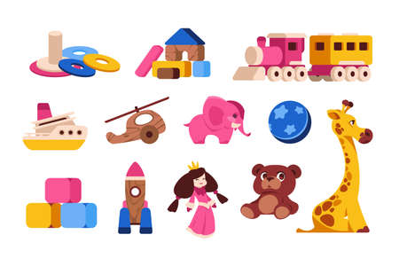 Cartoon kid toys. Baby and toddler colorful different plastic toys, various transport animals and puzzles. Vector infant isolated toy collectionのイラスト素材