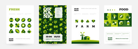 Healthy food poster. Farm market with organic products brochure, green restaurant menu cover. Vector...