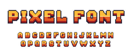 Pixel game font. Arcade 8 bit alphabet symbols, retro console text elements, 80s type letters. Vector computer and video game comic letter setのイラスト素材