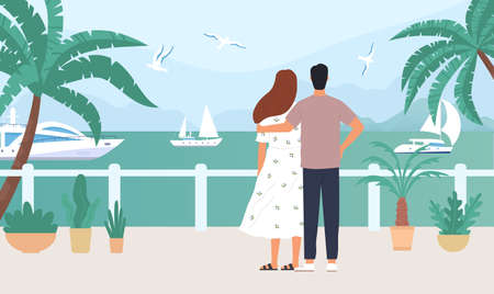 Couple on terrace of tropical on sea quayのイラスト素材