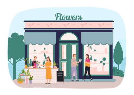 Flower store. Professional florist selling bouquet to woman. Female character buying flowers for holiday. Boy giving chamomilesのイラスト素材