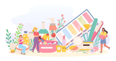 Makeup cosmetic and tiny female. Characters with powder, brush, cream, eye shadow and lipstick. Women using beauty productsのイラスト素材